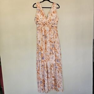 Toleen Maxi Dress Women M Peach Watercolor Florals Cutout Chiffon Pleated NWT
